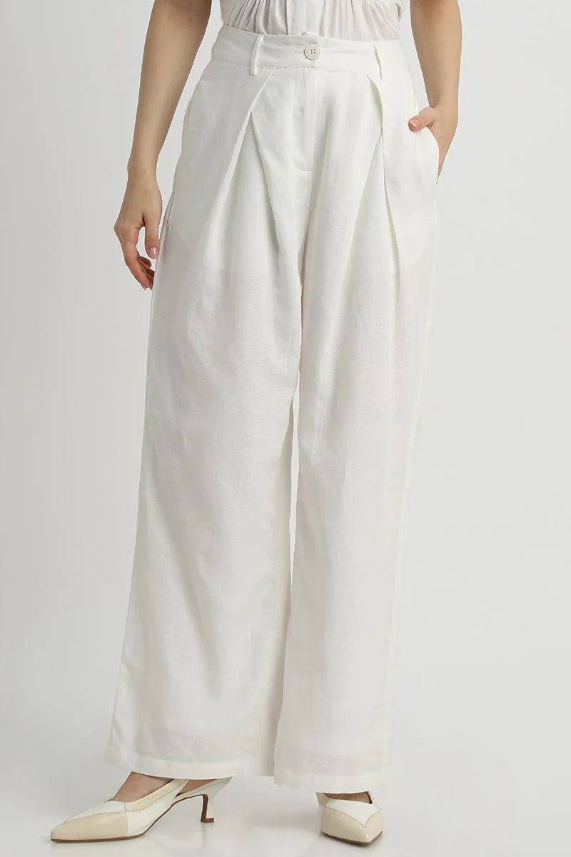 بنطلون نسائي واسع فضفاض – لون موحد مع طيات أمامية - Image 8